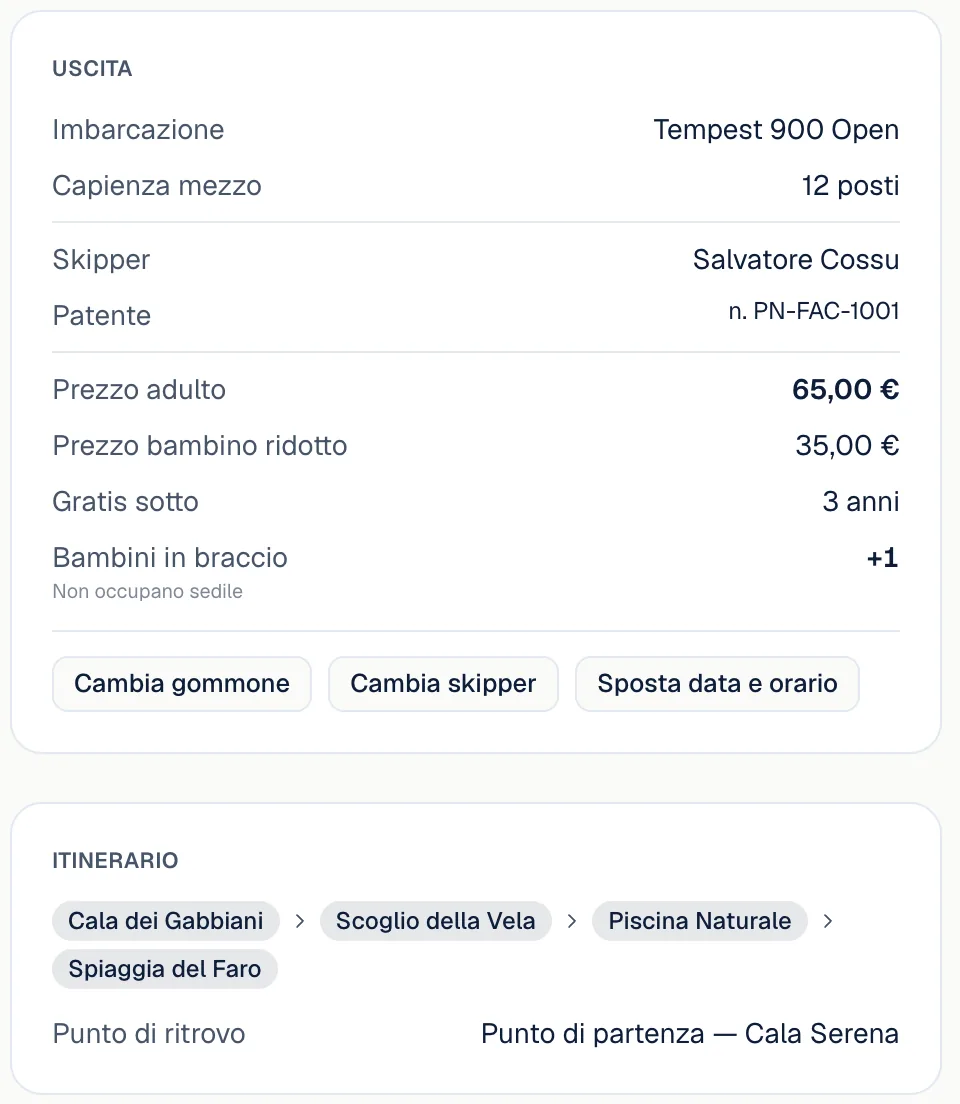 La scheda dell'uscita con lo skipper assegnato, i prezzi, l'itinerario a tappe e il punto di ritrovo.