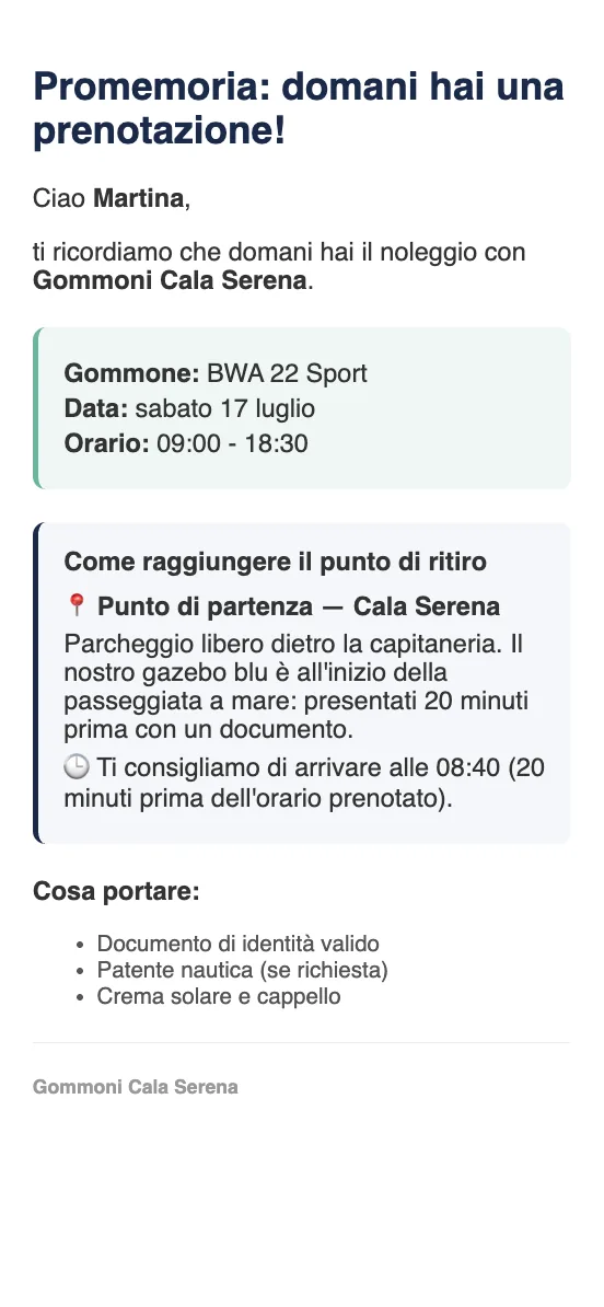 L'email di promemoria con il nome del punto di partenza, le indicazioni per arrivare e cosa portare.