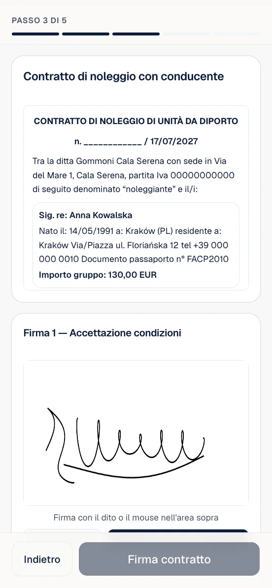 Il contratto di noleggio con conducente sul telefono del capogruppo, con la firma disegnata.